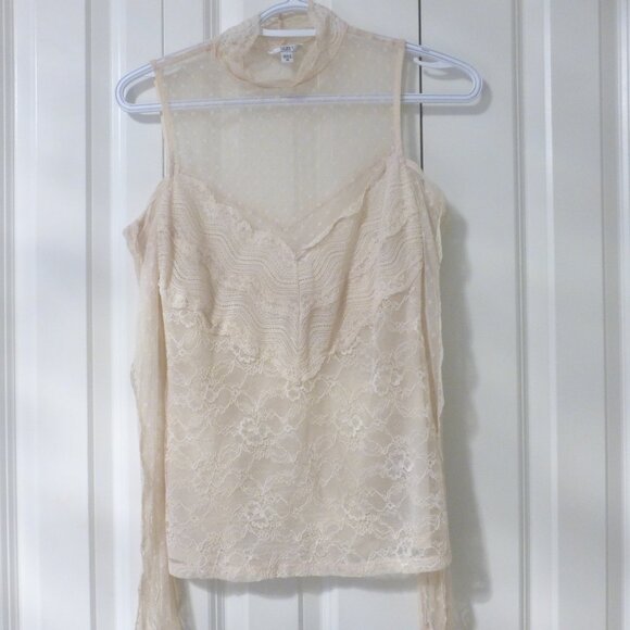 GUESS light pink semi-sheer floral lace cold shoulder top - Picture 1 of 12